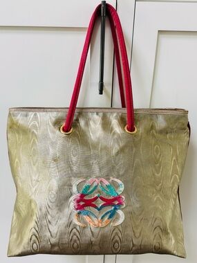 LOEWE Gold Metallic Anagram Tote Embroidered Red Suede Rare Vintage
